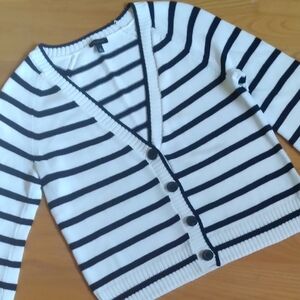 Talbots Navy White Breton Stripe Nautical VNeck‎ Cropped Button Up Y2K Cardigan